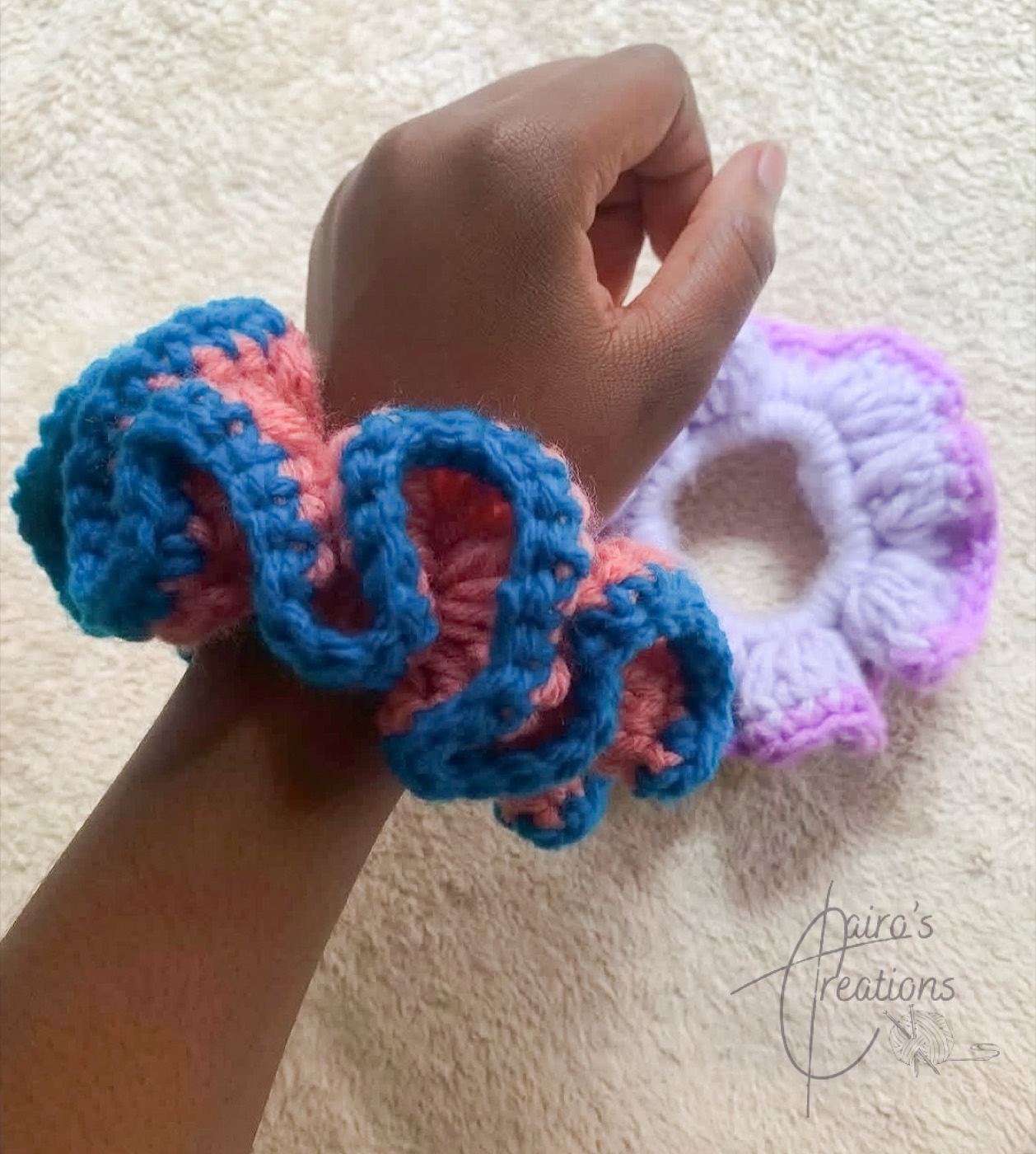 Two ruffled crochet scrunchies, coral-blue and lilac, two color/toned scruchies